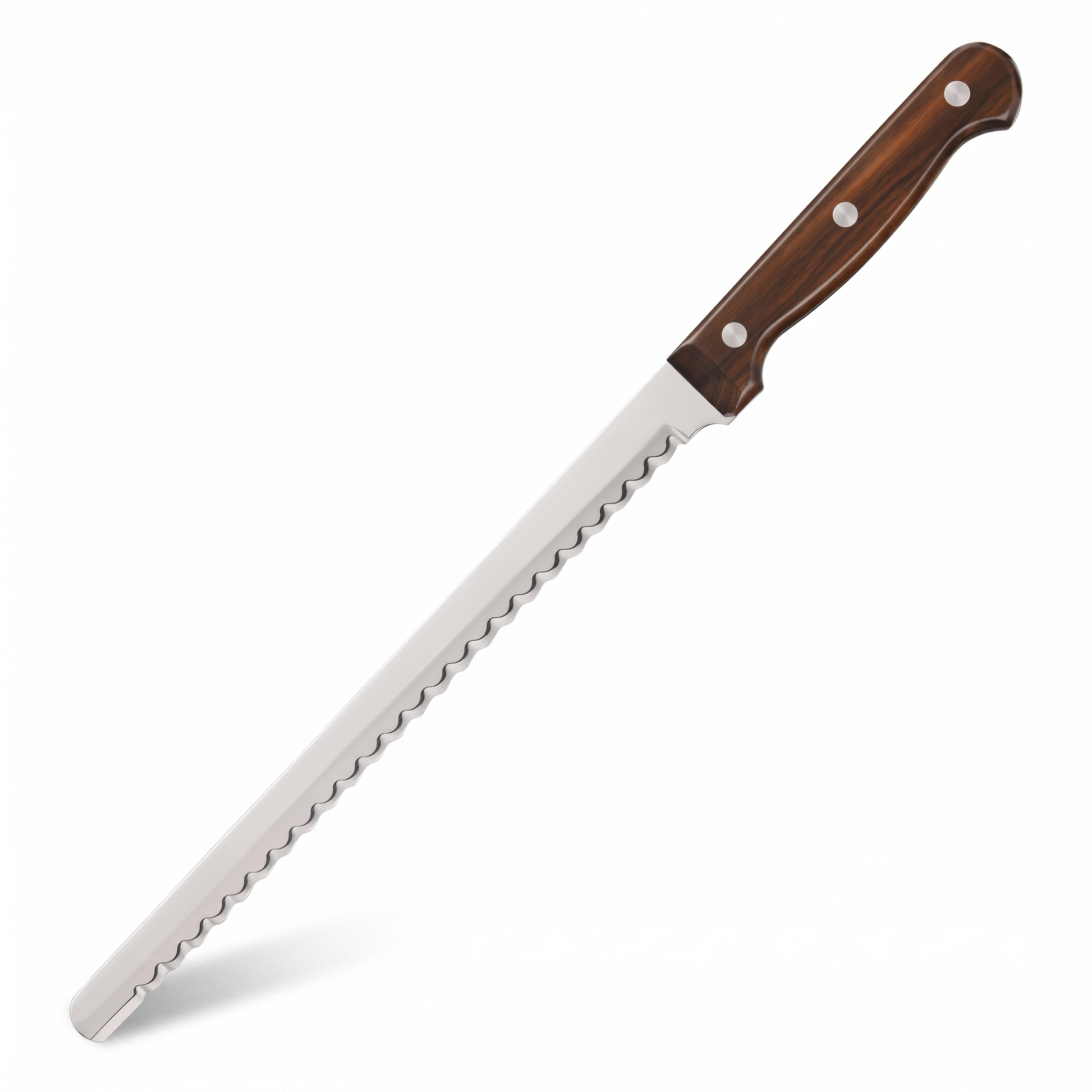 Carbon steel bread knife with wooden handle on white background