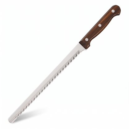 Carbon steel bread knife with wooden handle on white background