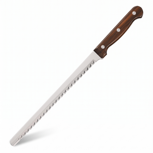 Carbon steel bread knife with wooden handle on white background