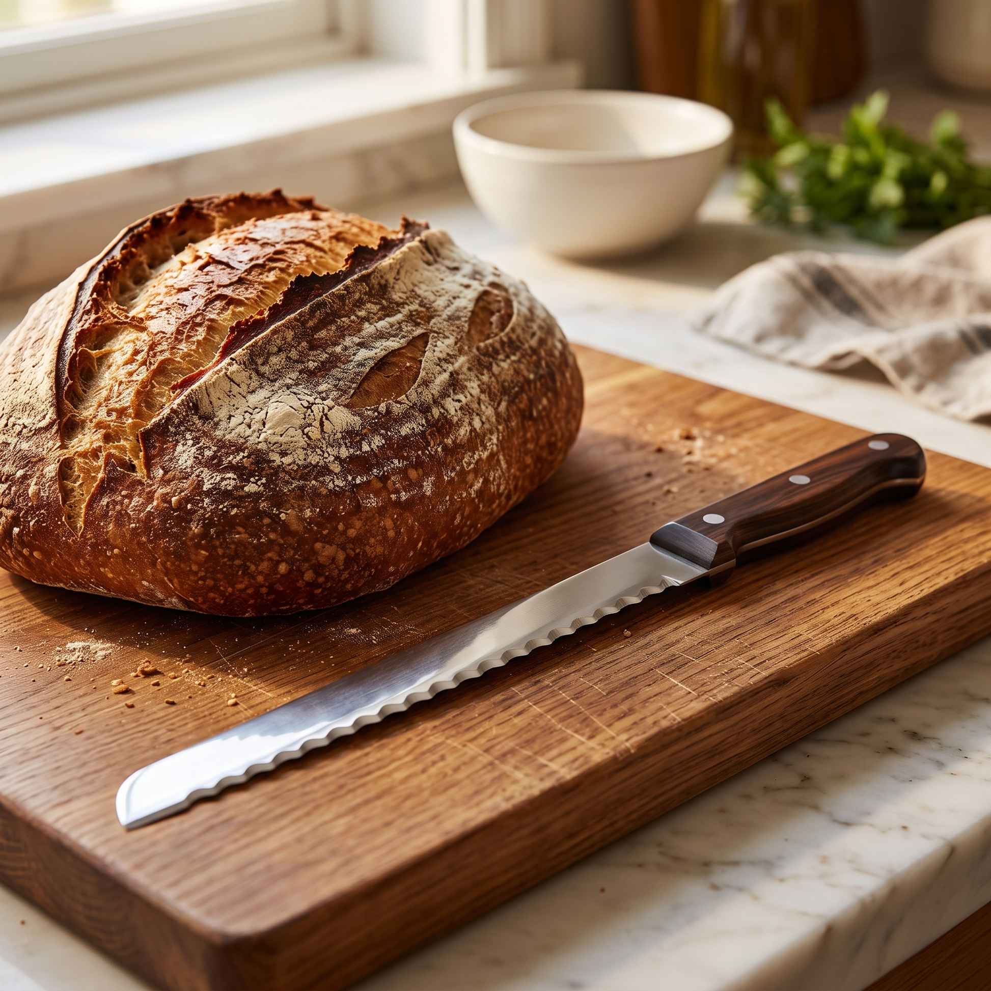 Bread knife on oak cutting board beside a sourdough loaf