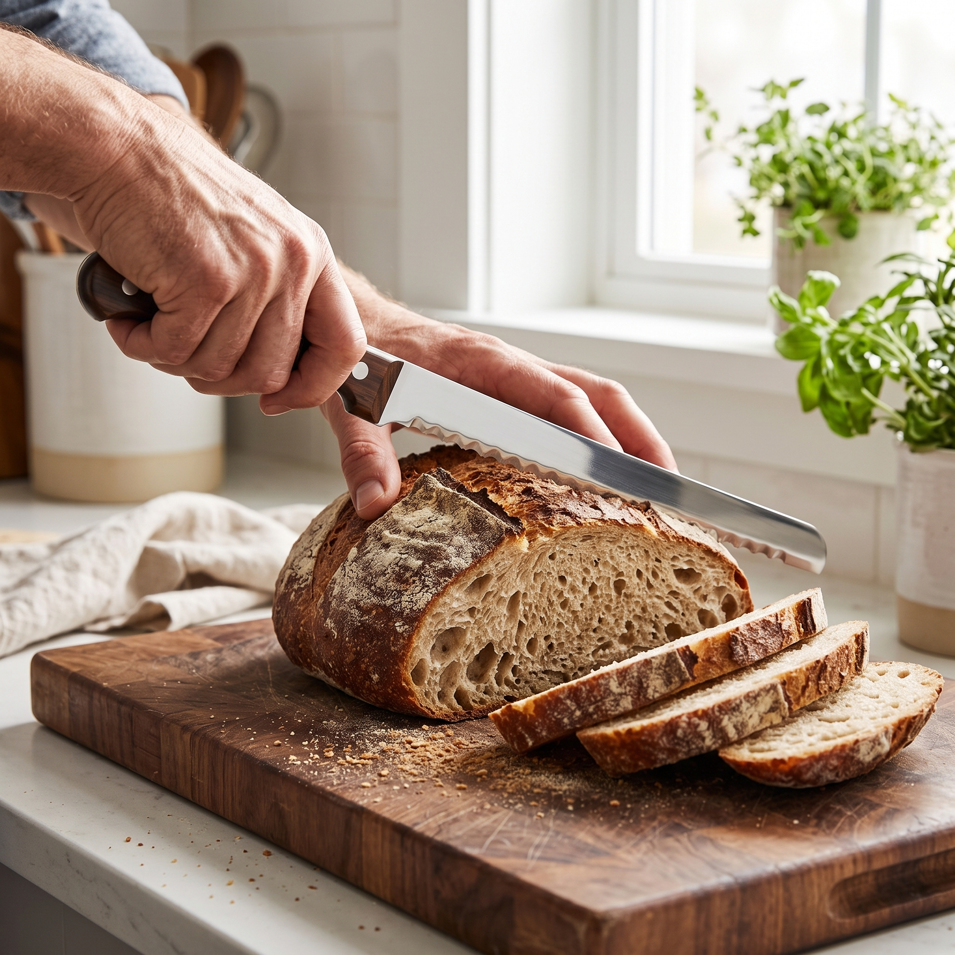 Slicing fresh bread with the carbon steel bread knife