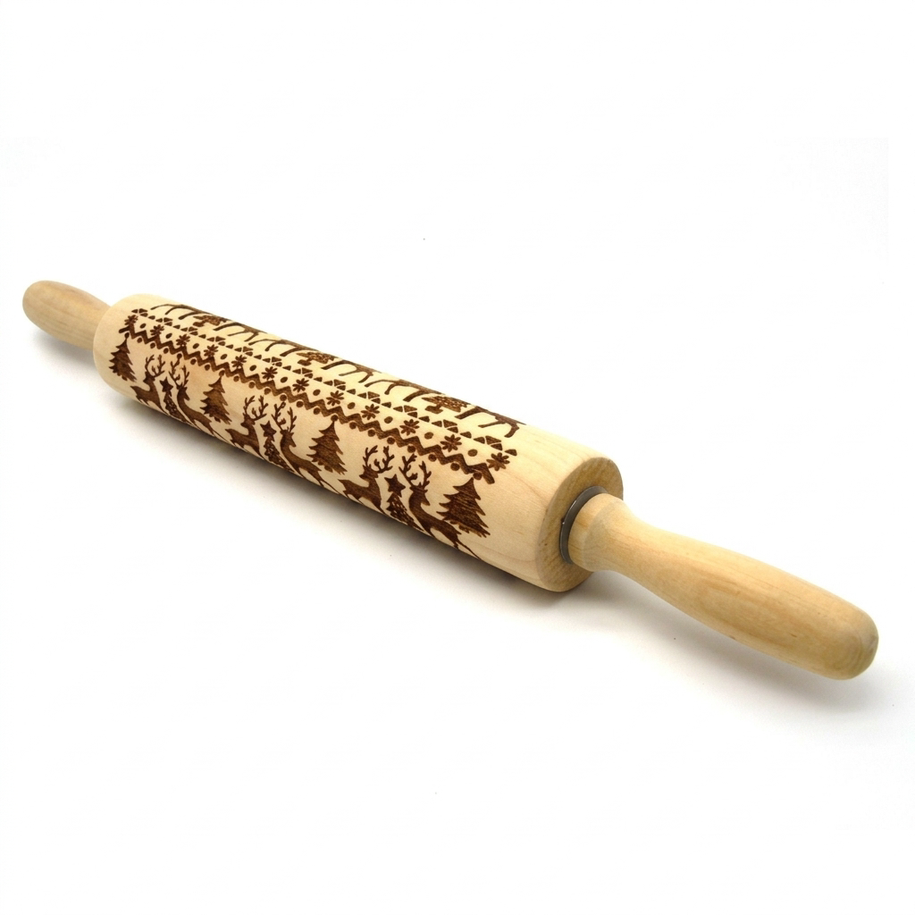 Wooden reindeer embossing rolling pin on white background