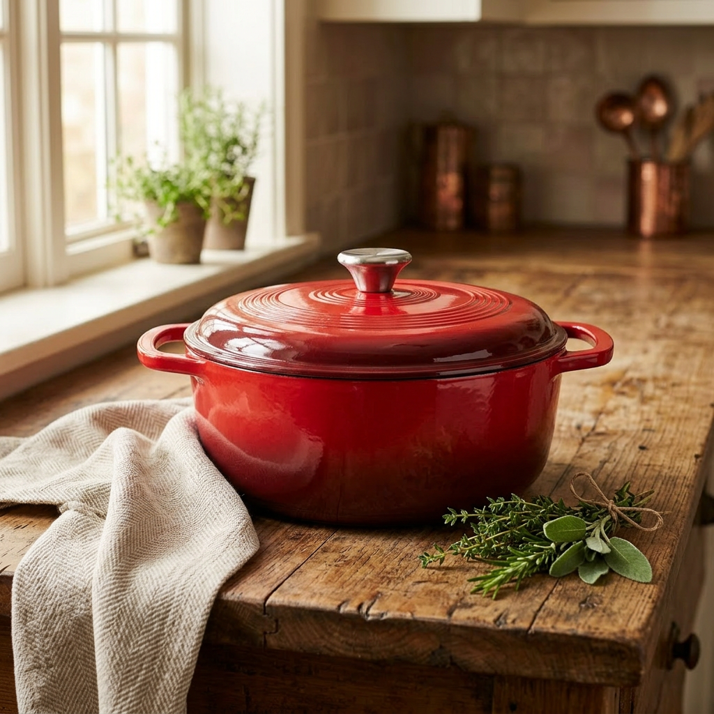 Red enameled cast iron Dutch oven on a wooden counter