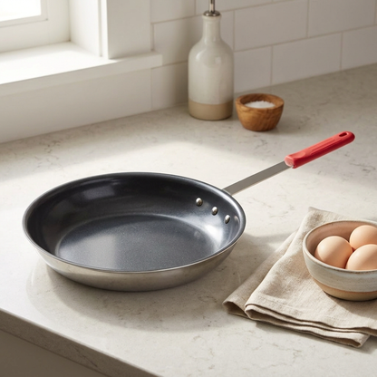 Red ceramic nonstick egg pan on a kitchen counter