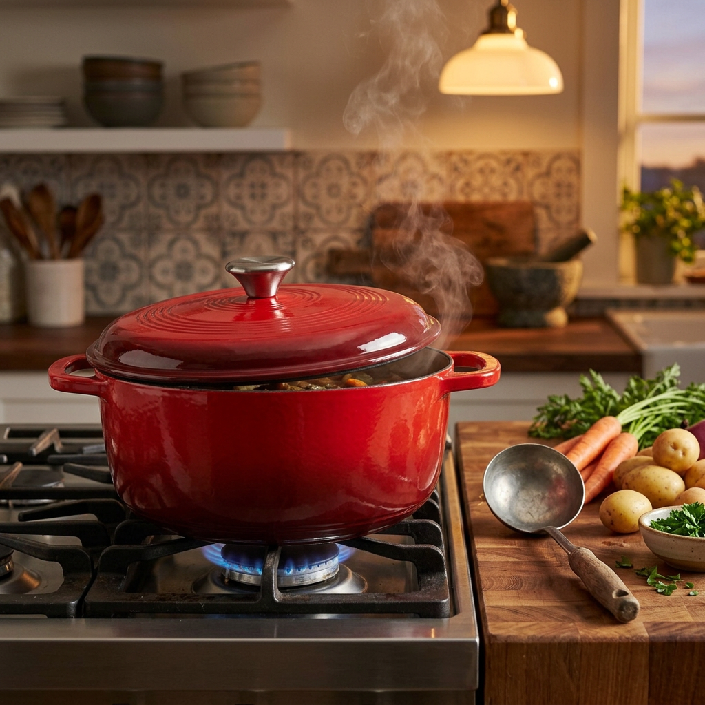 Dutch oven simmering on a stovetop with lid ajar