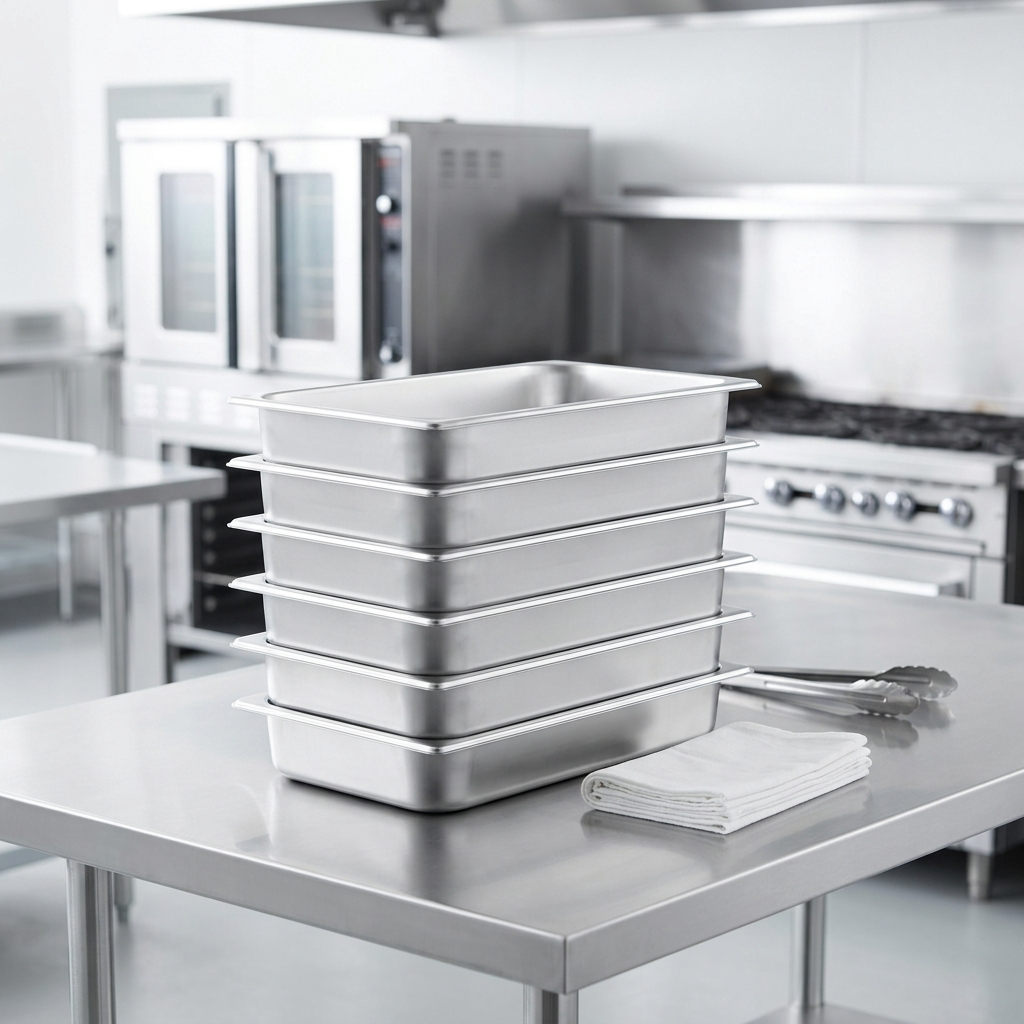 Stack of stainless steel steam table pans in a kitchen