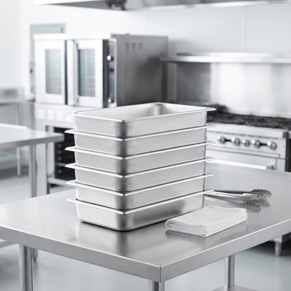Stack of stainless steel steam table pans in a kitchen