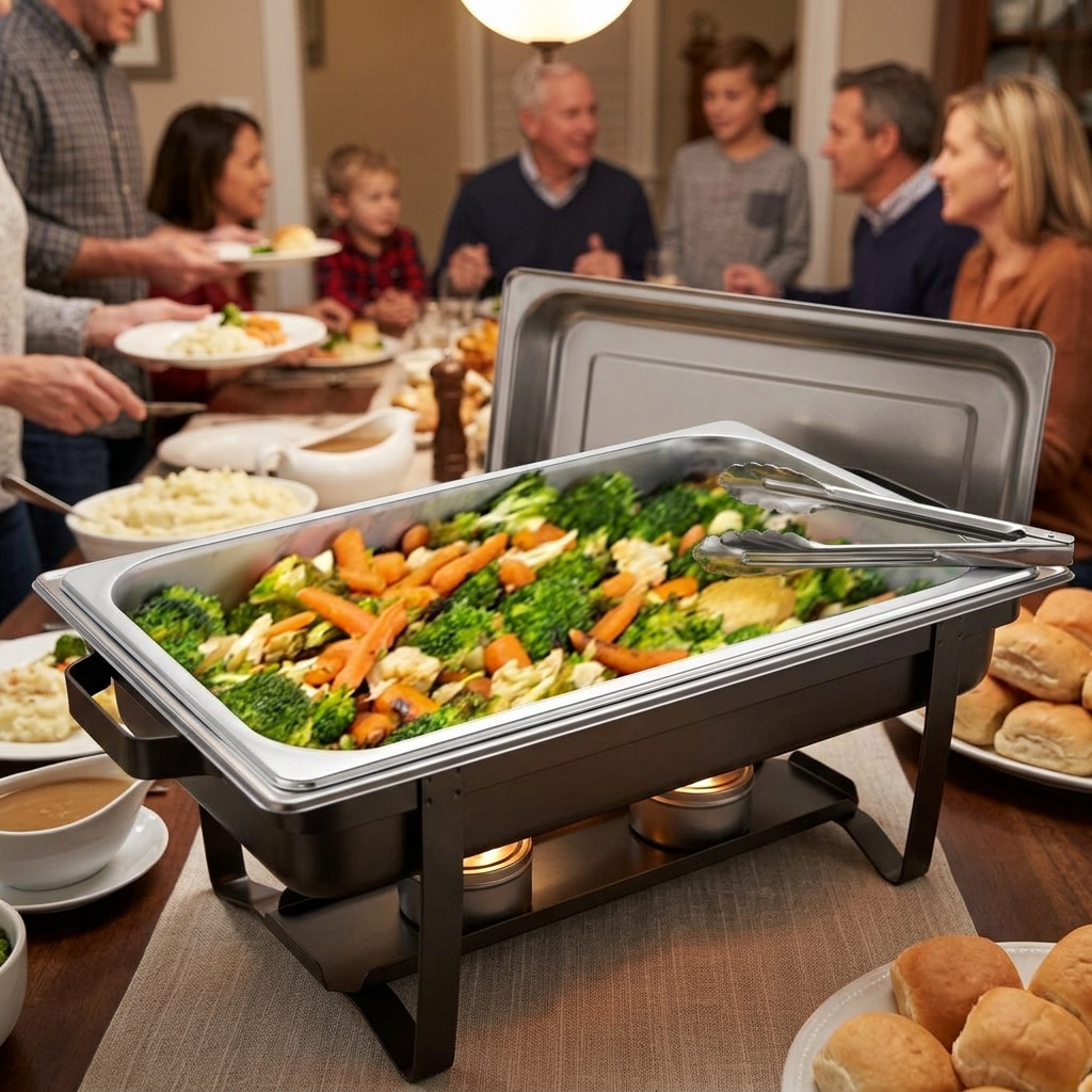 Steam table pan serving roasted vegetables in a chafing frame