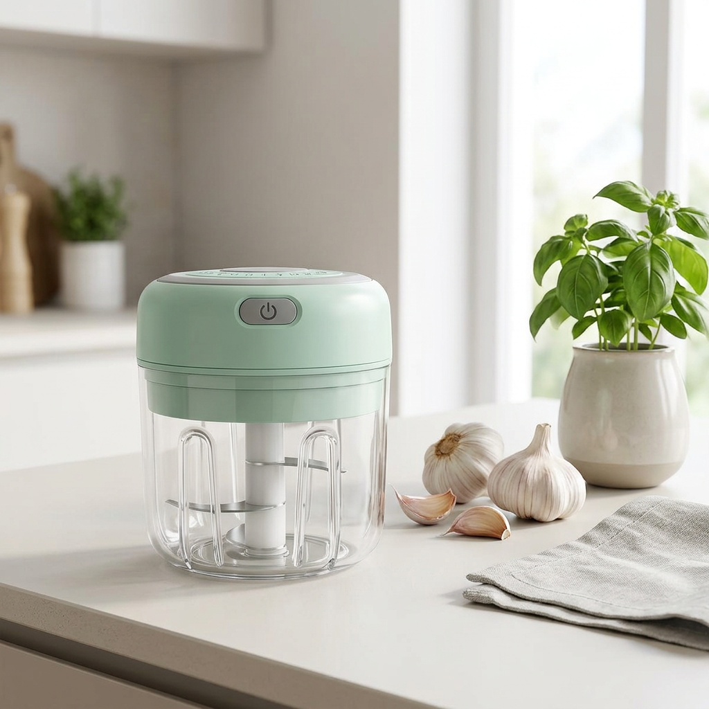 Green electric garlic chopper on a bright kitchen counter