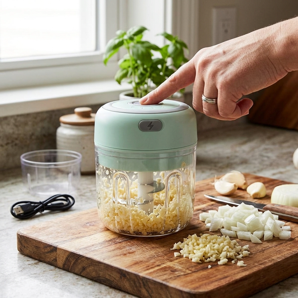 Electric garlic chopper mincing garlic