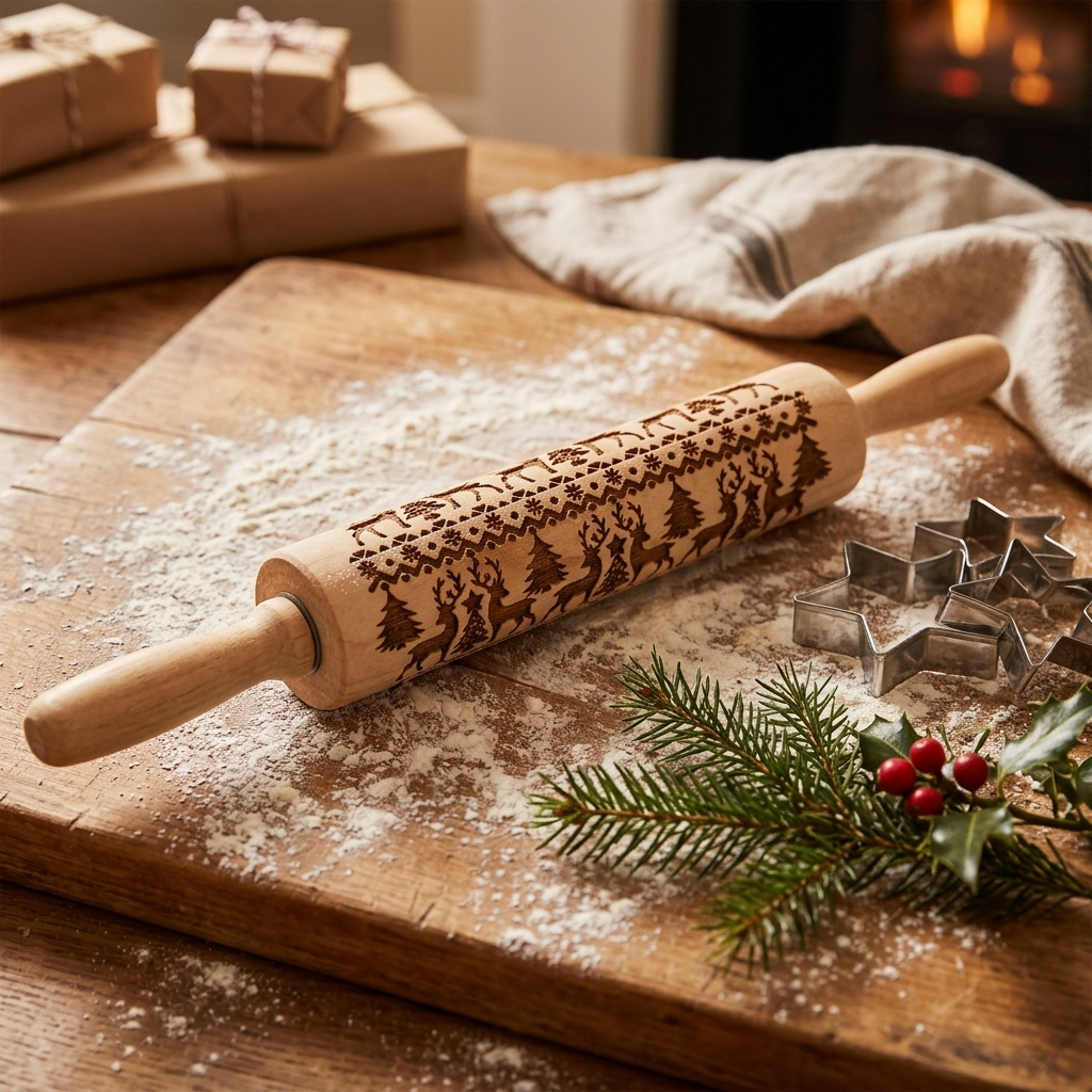 Reindeer embossing rolling pin in a holiday baking scene