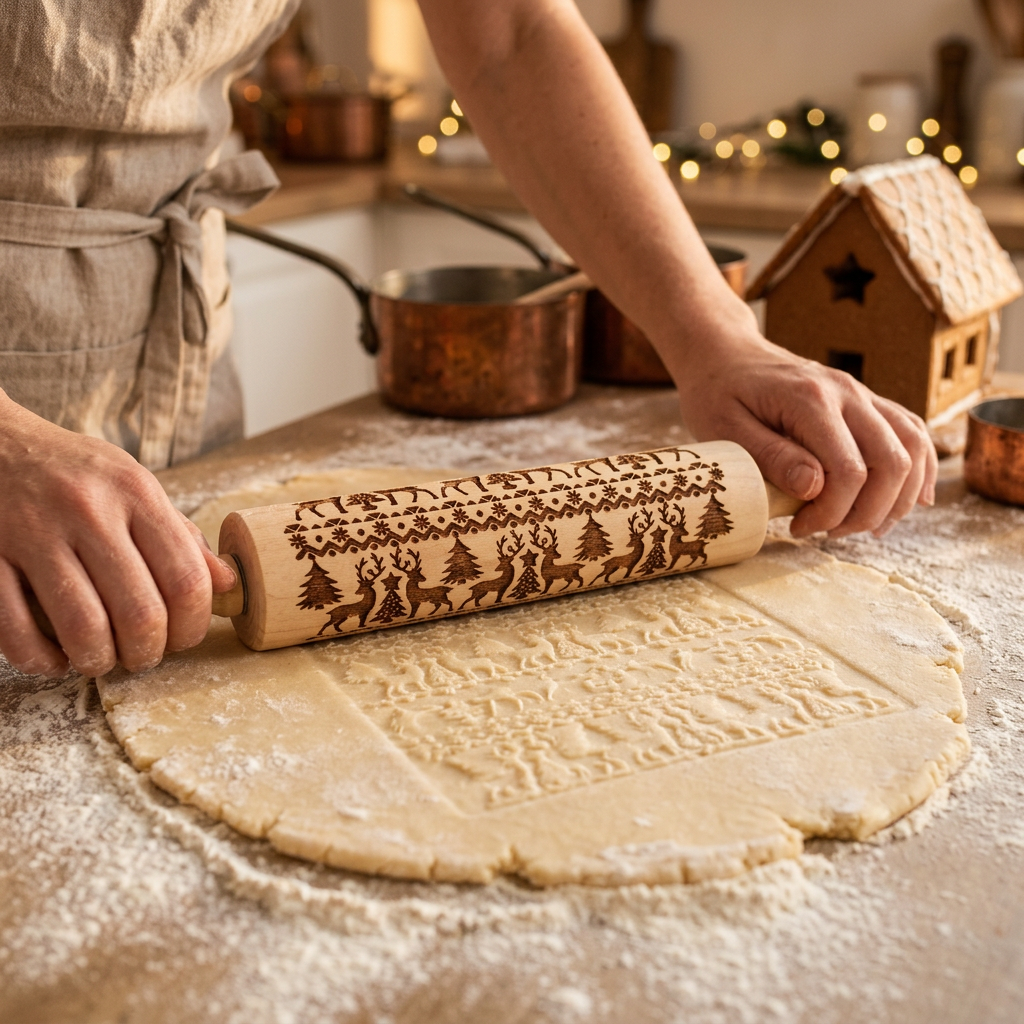 Embossing rolling pin pressing reindeer pattern into cookie dough