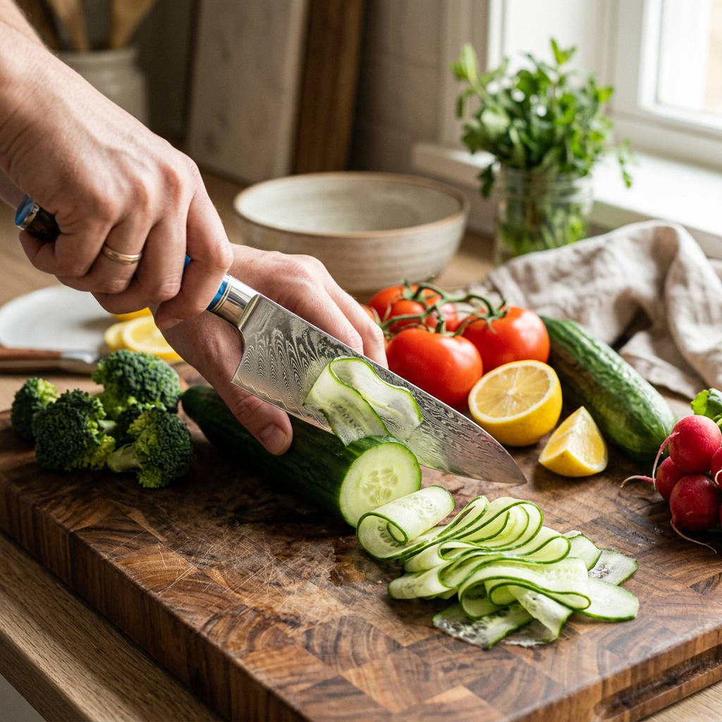 Pattern kitchen knife slicing cucumber
