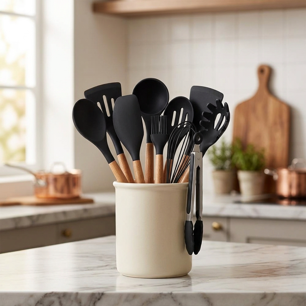 Black silicone utensil set in a crock on a kitchen counter
