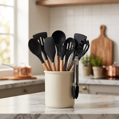 Black silicone utensil set in a crock on a kitchen counter