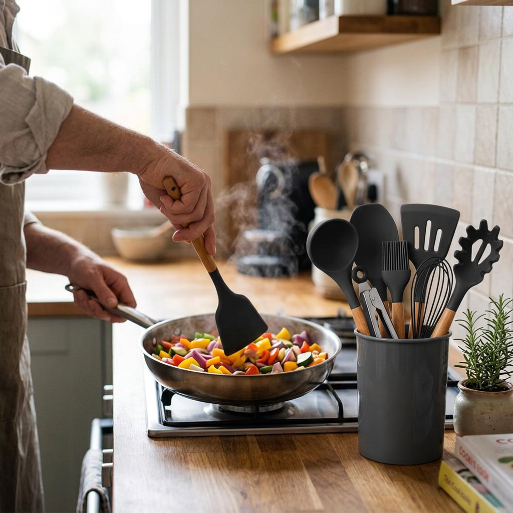 Silicone spatula from the set stirring vegetables in a pan