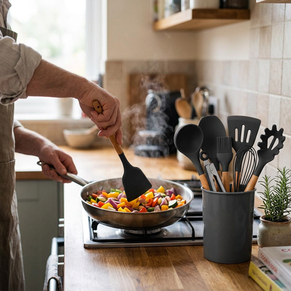 Silicone spatula from the set stirring vegetables in a pan