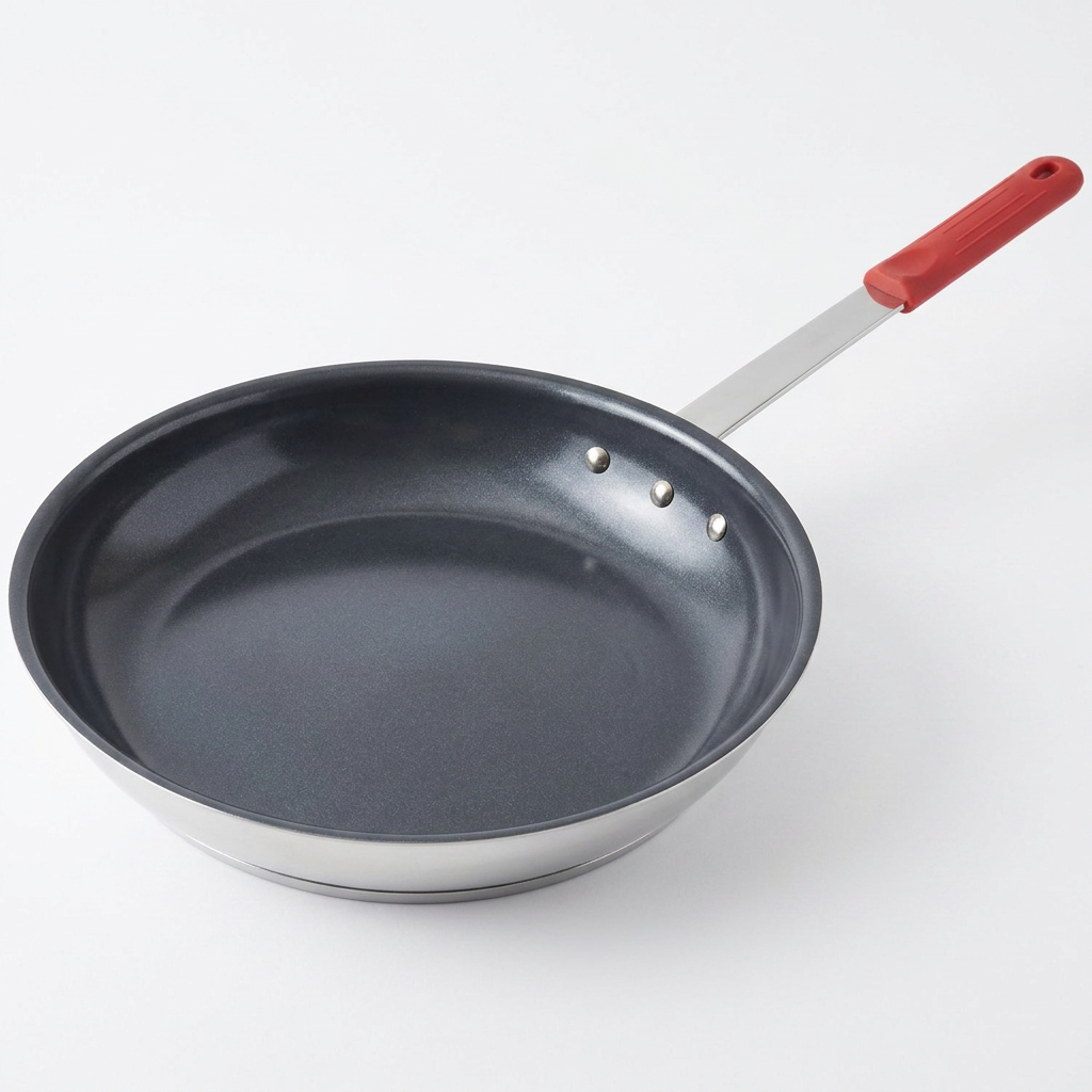 Red ceramic nonstick egg pan on white background