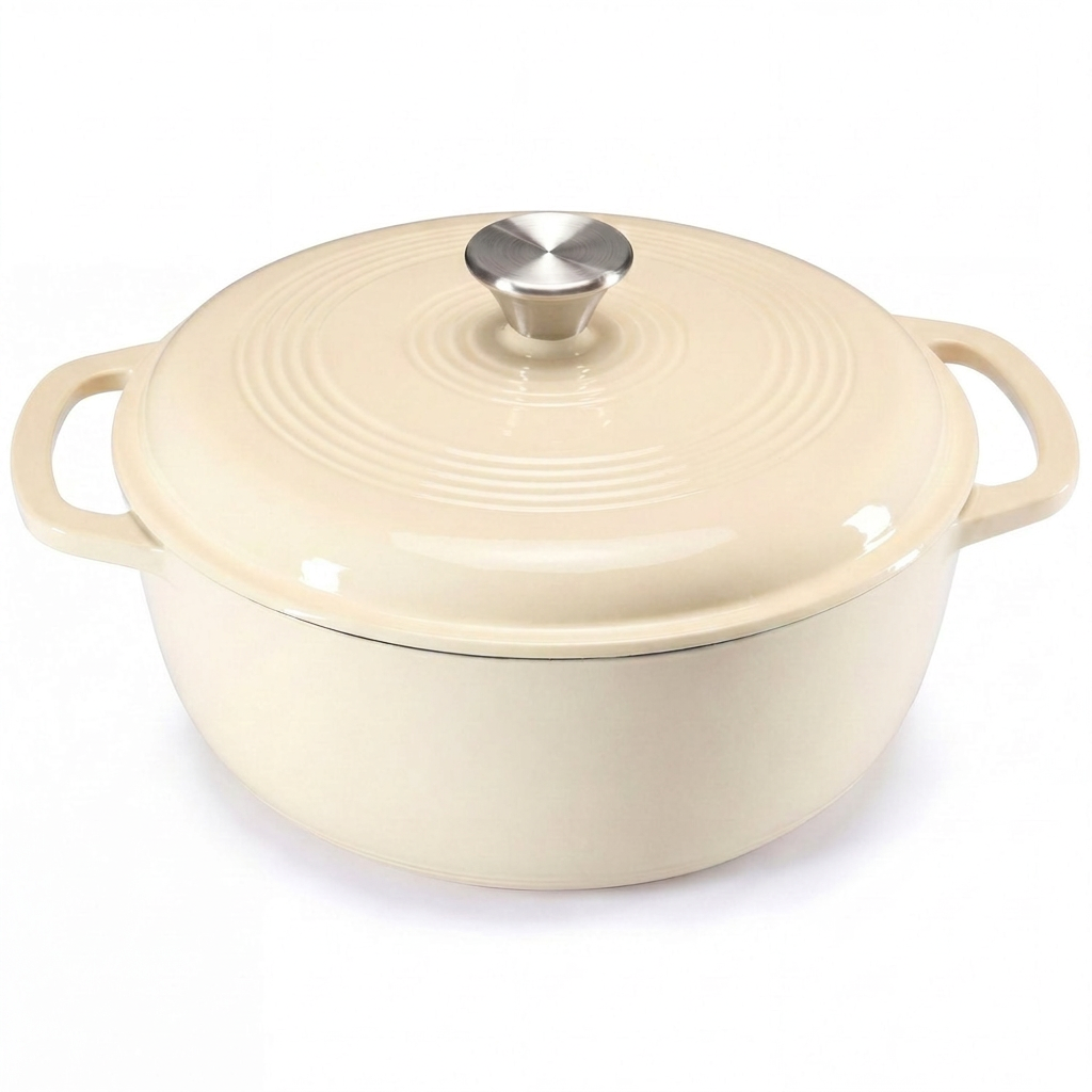 Beige enameled cast iron Dutch oven on white background