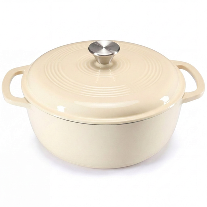 Beige enameled cast iron Dutch oven on white background