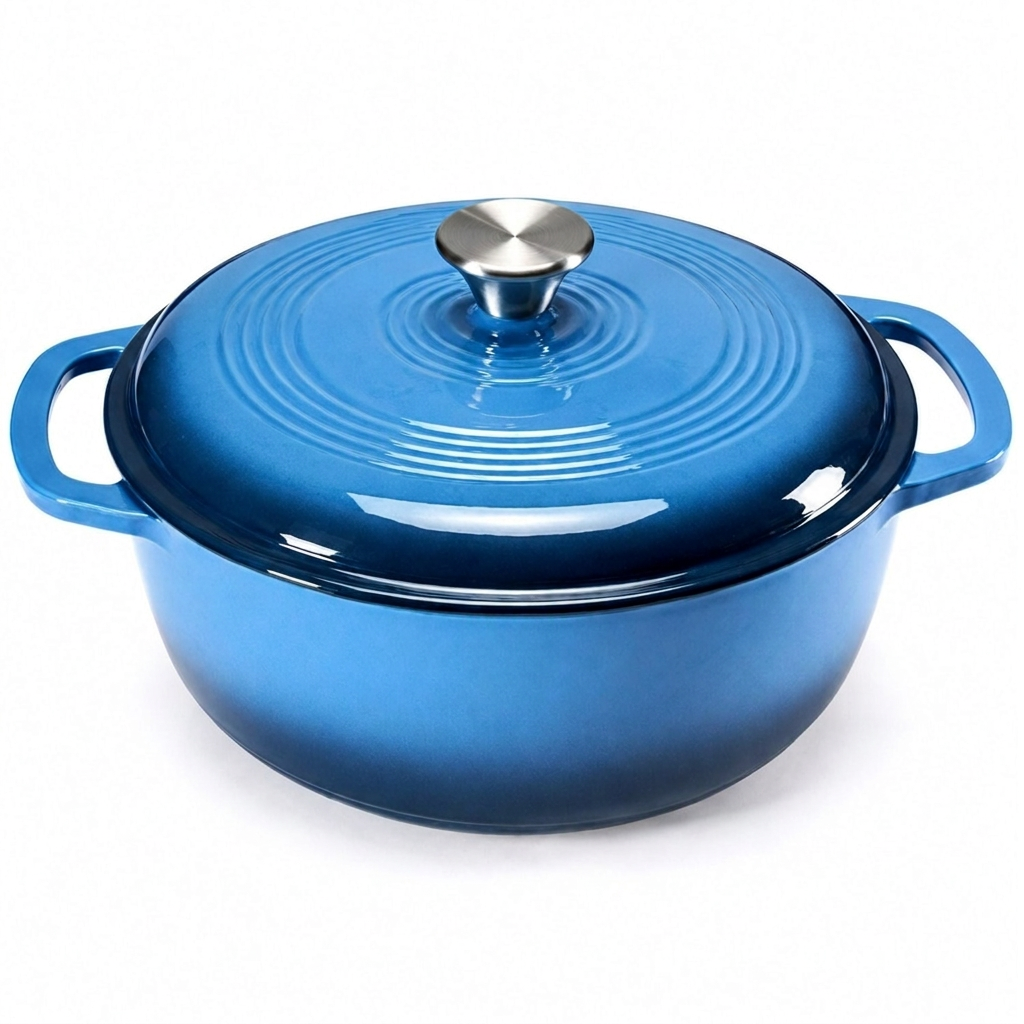 Blue enameled cast iron Dutch oven on white background