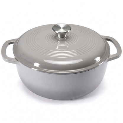Gray enameled cast iron Dutch oven on white background