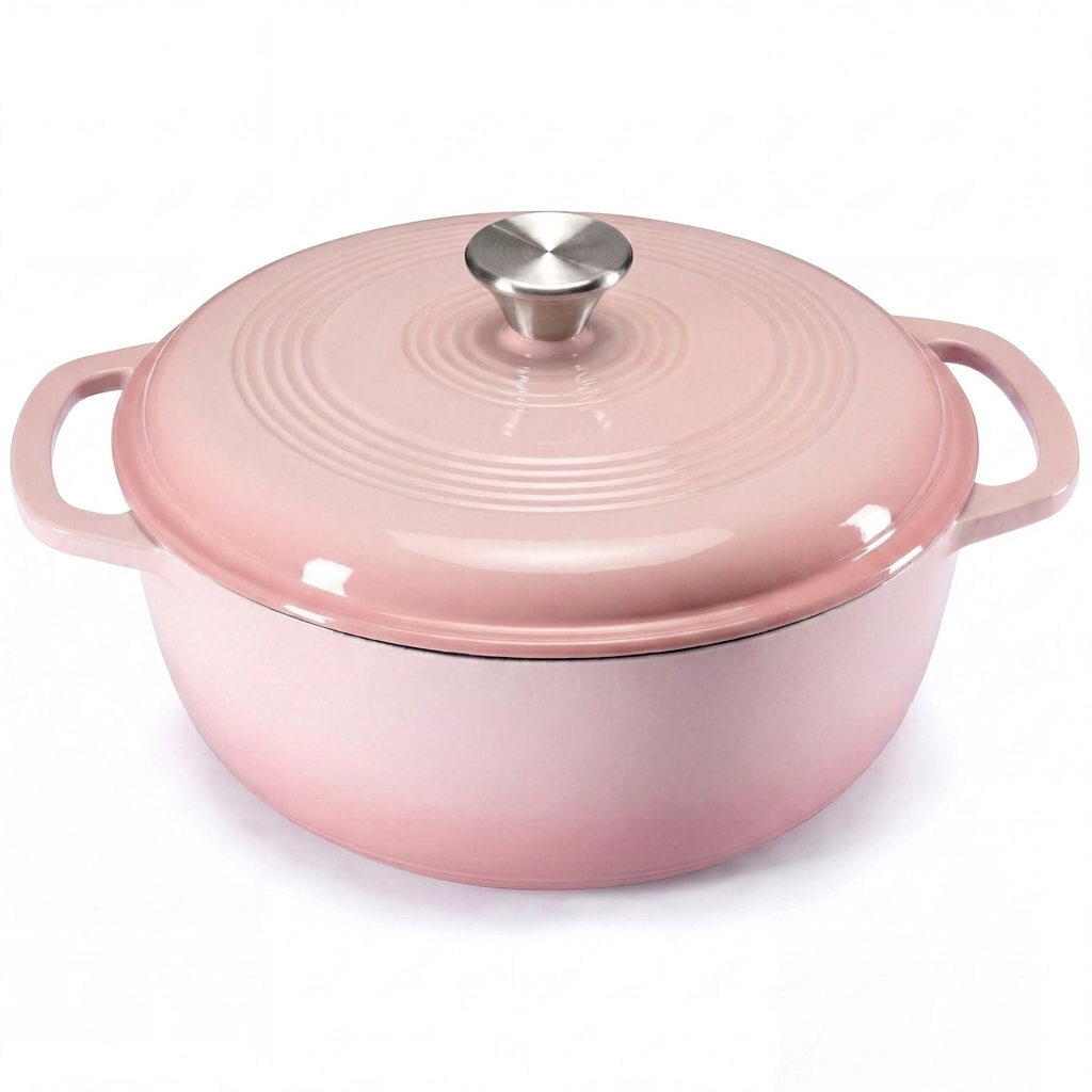 Pink enameled cast iron Dutch oven on white background