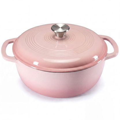 Pink enameled cast iron Dutch oven on white background