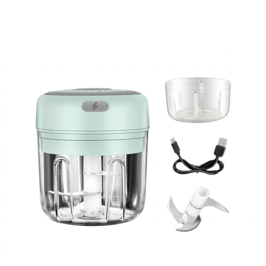 Green electric garlic chopper on white background