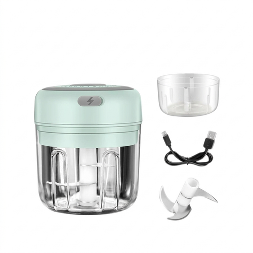 Green electric garlic chopper on white background