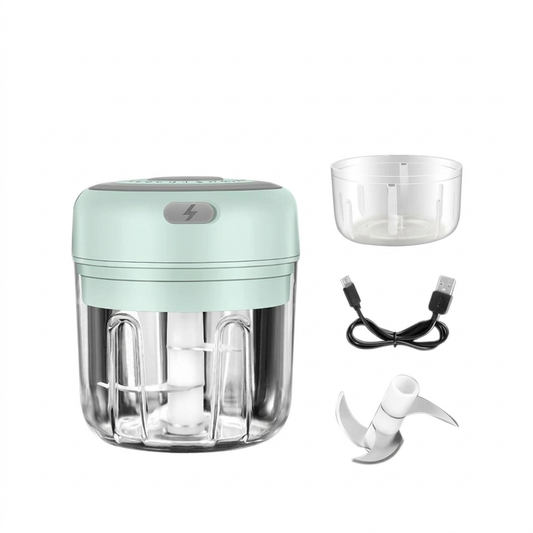 Green electric garlic chopper on white background