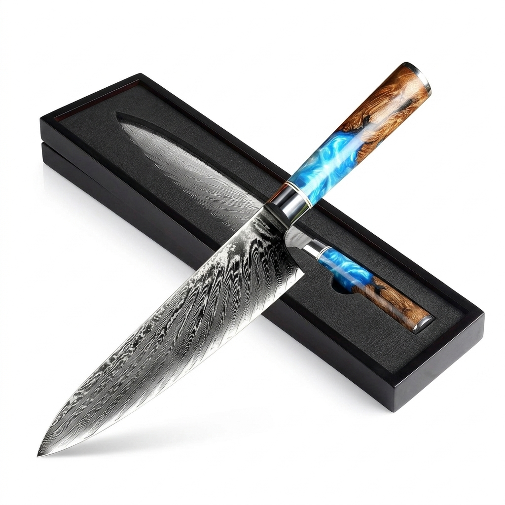 Blue handle pattern kitchen knife with storage box on white background