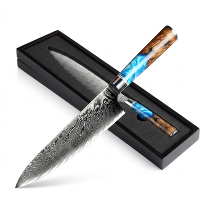 Blue handle pattern kitchen knife with storage box on white background