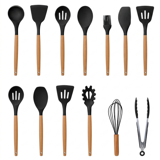 Black 11-piece silicone utensil set laid out on white background
