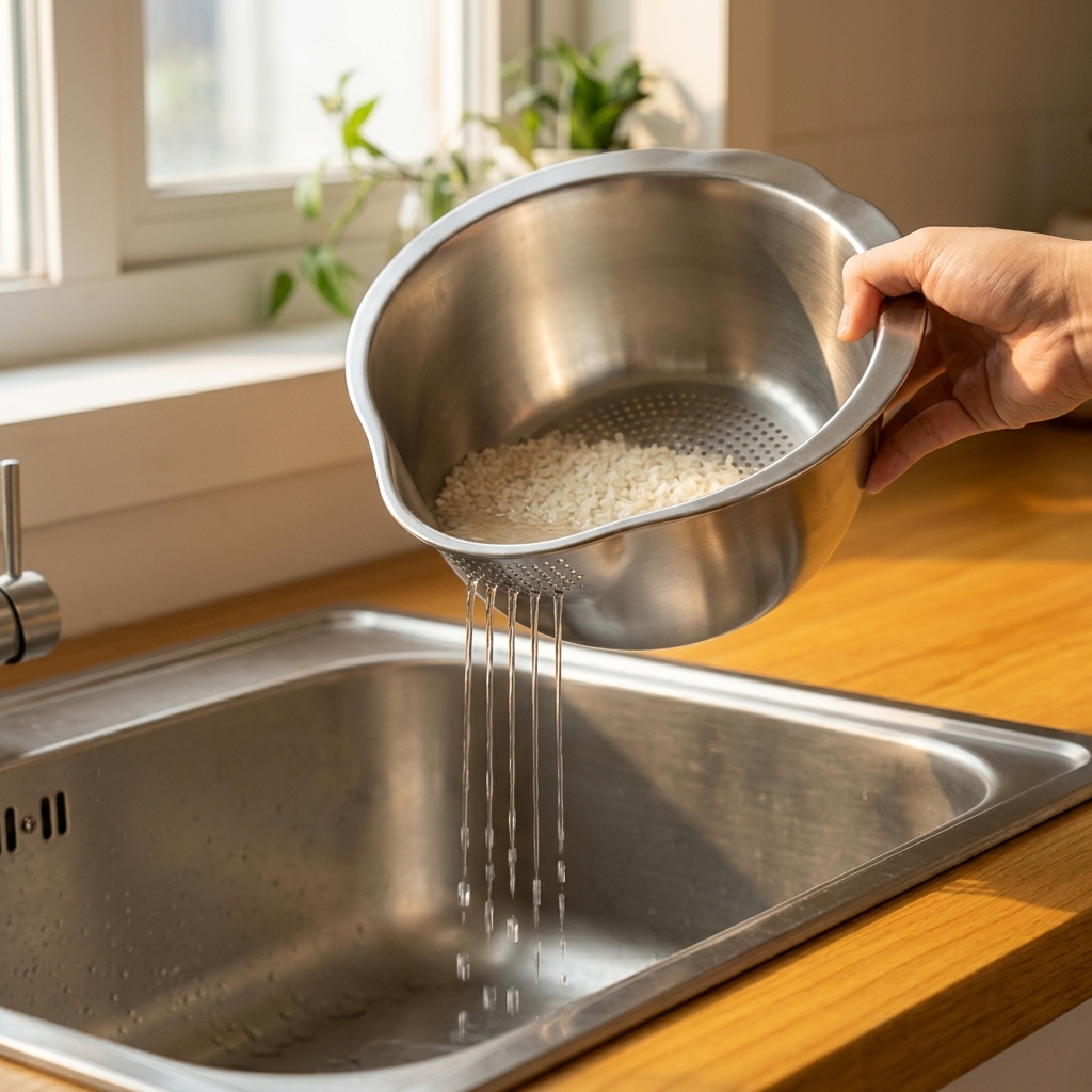 Drain bowl draining water through front holes over a kitchen sink