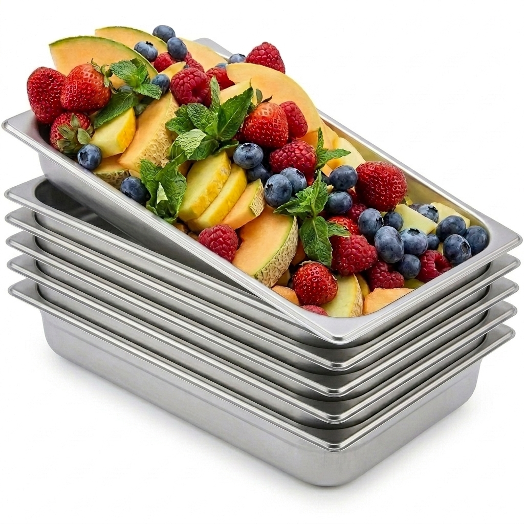 Six stacked full-size stainless steel steam table pans, top pan filled with fresh fruit