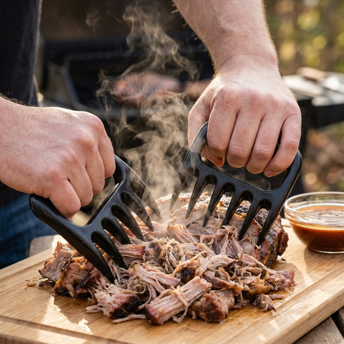 Bear claw meat shredders pair in use pulled pork