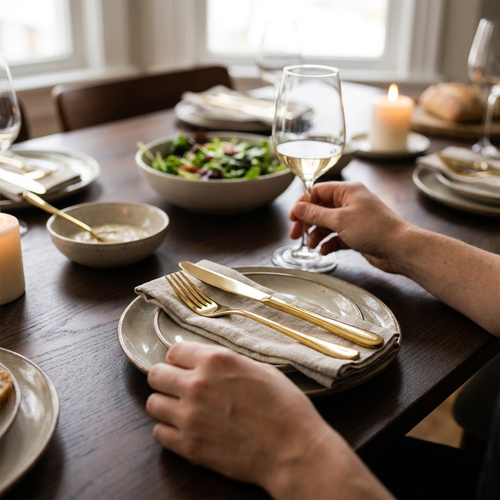 24-Piece Stainless Steel Flatware Set on an elegantly set dining table