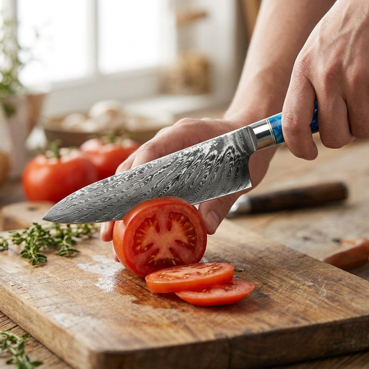 Patterned kitchen knife slicing vegetables
