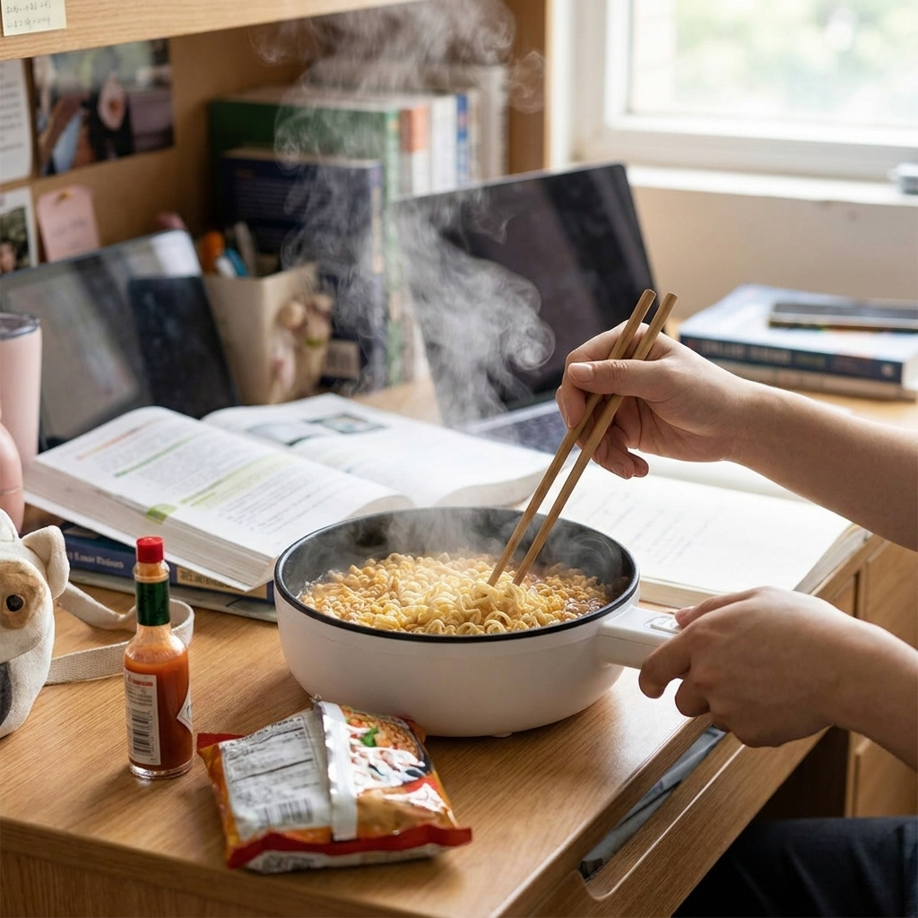 Electric hot pot frying pan cooking noodles on a dorm desk