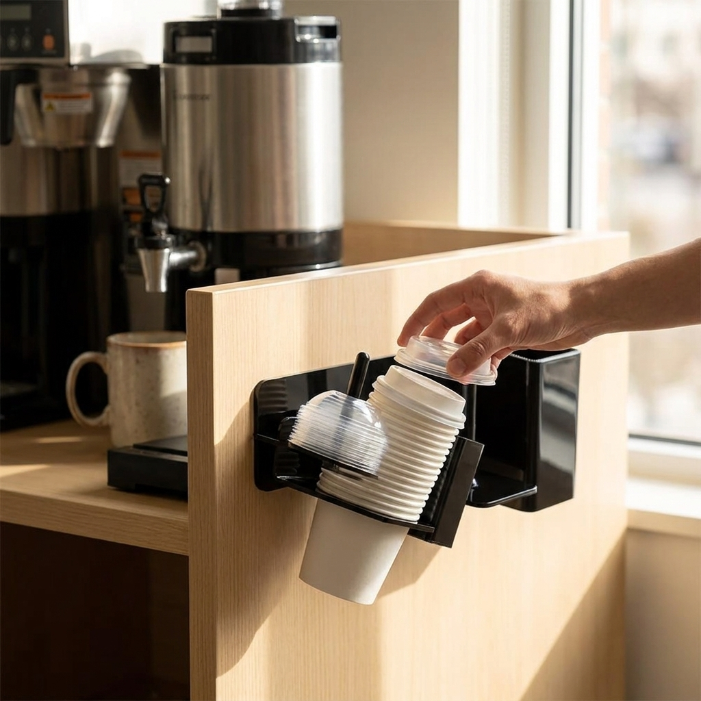 Paper cup holder dispenser mounted at a breakroom coffee station