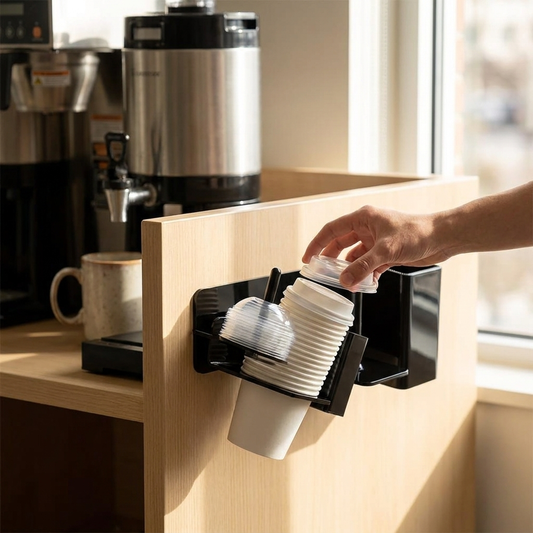 Paper cup holder dispenser mounted at a breakroom coffee station