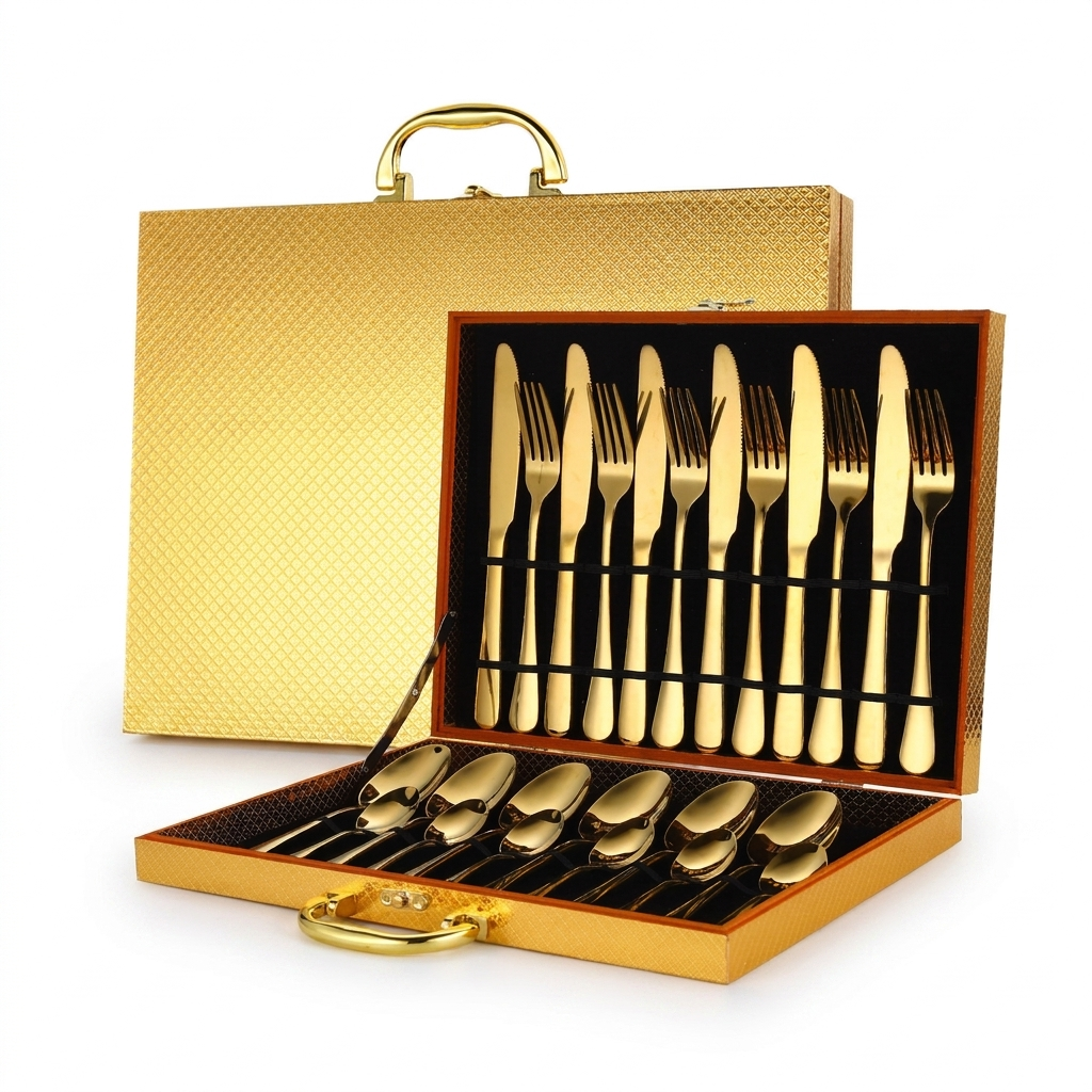 Gold flatware set on white