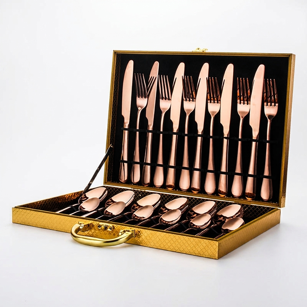 Rose gold flatware set on white