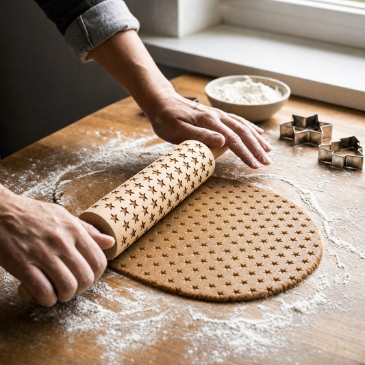 Hands rolling star-embossed gingerbread dough with a Christmas star rolling pin
