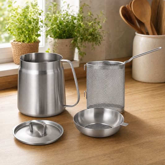 304 stainless steel oil dispenser set with canister, lid, frying basket, and filter bowl